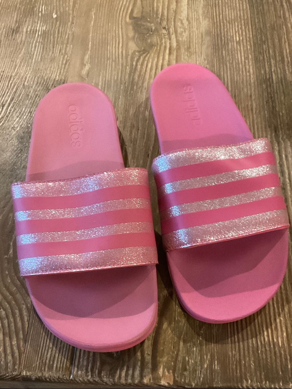 adidas Pink Glitter Stripe Kids Slide Sandals